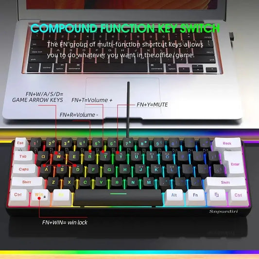 60% wired gaming keyboard, RGB backlight ultra compact mini keyboard, waterproof small compact 61 key keyboard for pc/Mac gamers